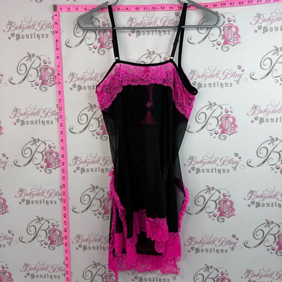 B delicious mini dress Sheer Black Chemise with Pink Lace Trim Elegant Nightwear - Picture 2 of 15